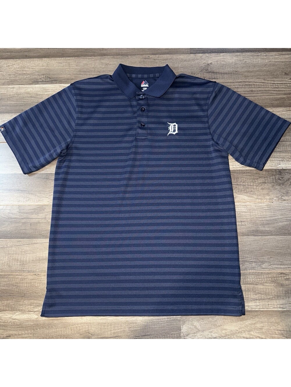 Detroit Tigers MLB Majestic Blue Striped Polo Shirt Men's LARGE